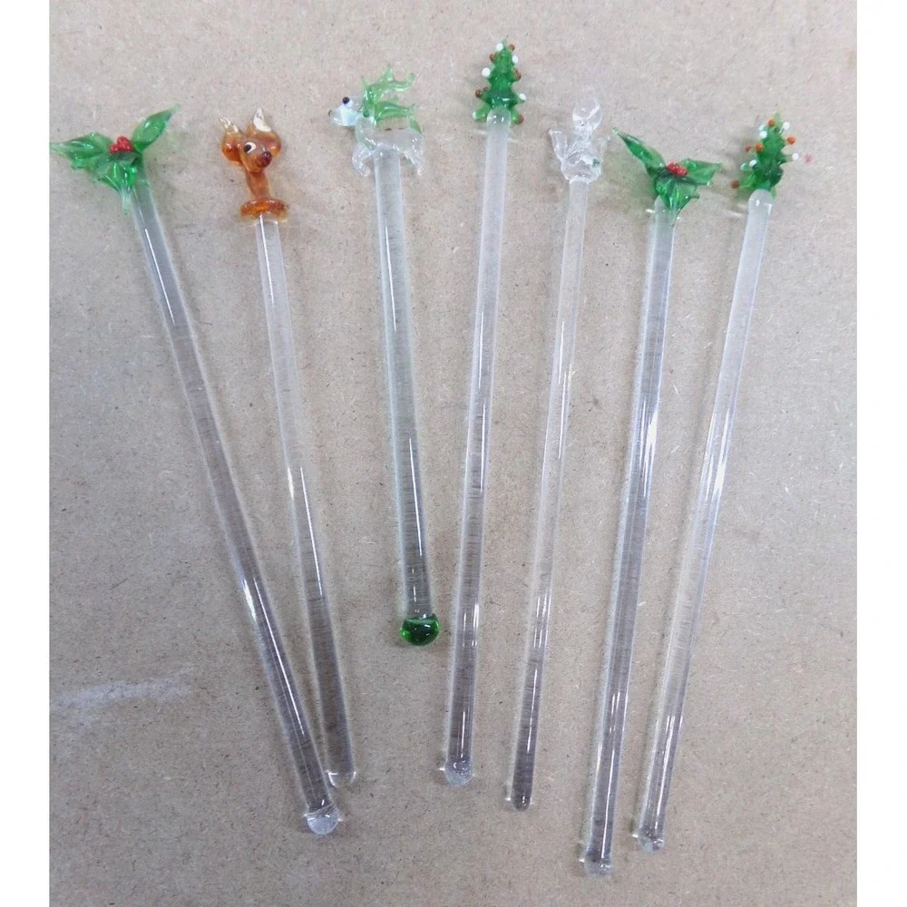 Vintage Christmas Glass Swizzle / Stir Sticks Reindeer Trees Holly & Angel